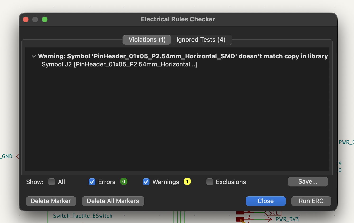 KiCad ERC results panel for the MIDI controller schematic, showing reviewed errors and crossed unused connections